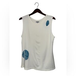 LeMair Handcrafts White Rayon Sleeveless Top Blue Appliqué Art Shirt Size L